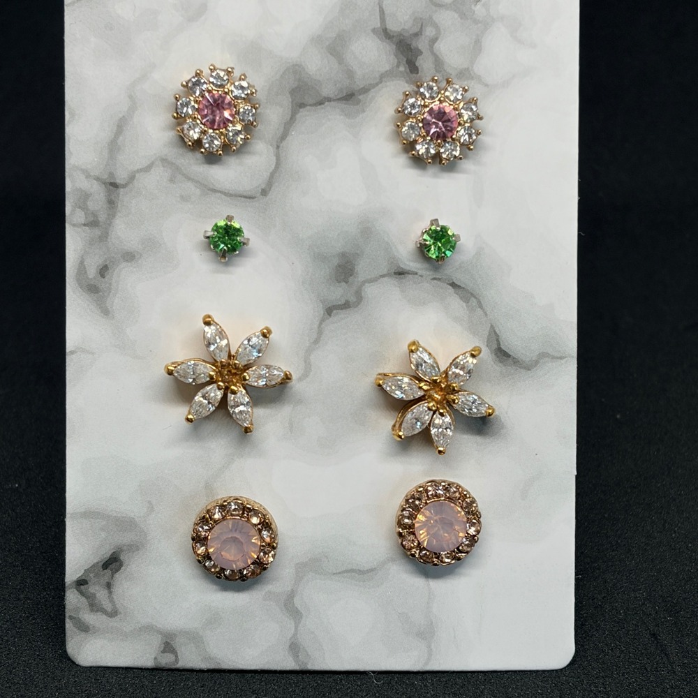 Vintage Rhinestone Stud Earrings Lot Flower Crystal Pink Green Gold Tone‎ 4 Pair